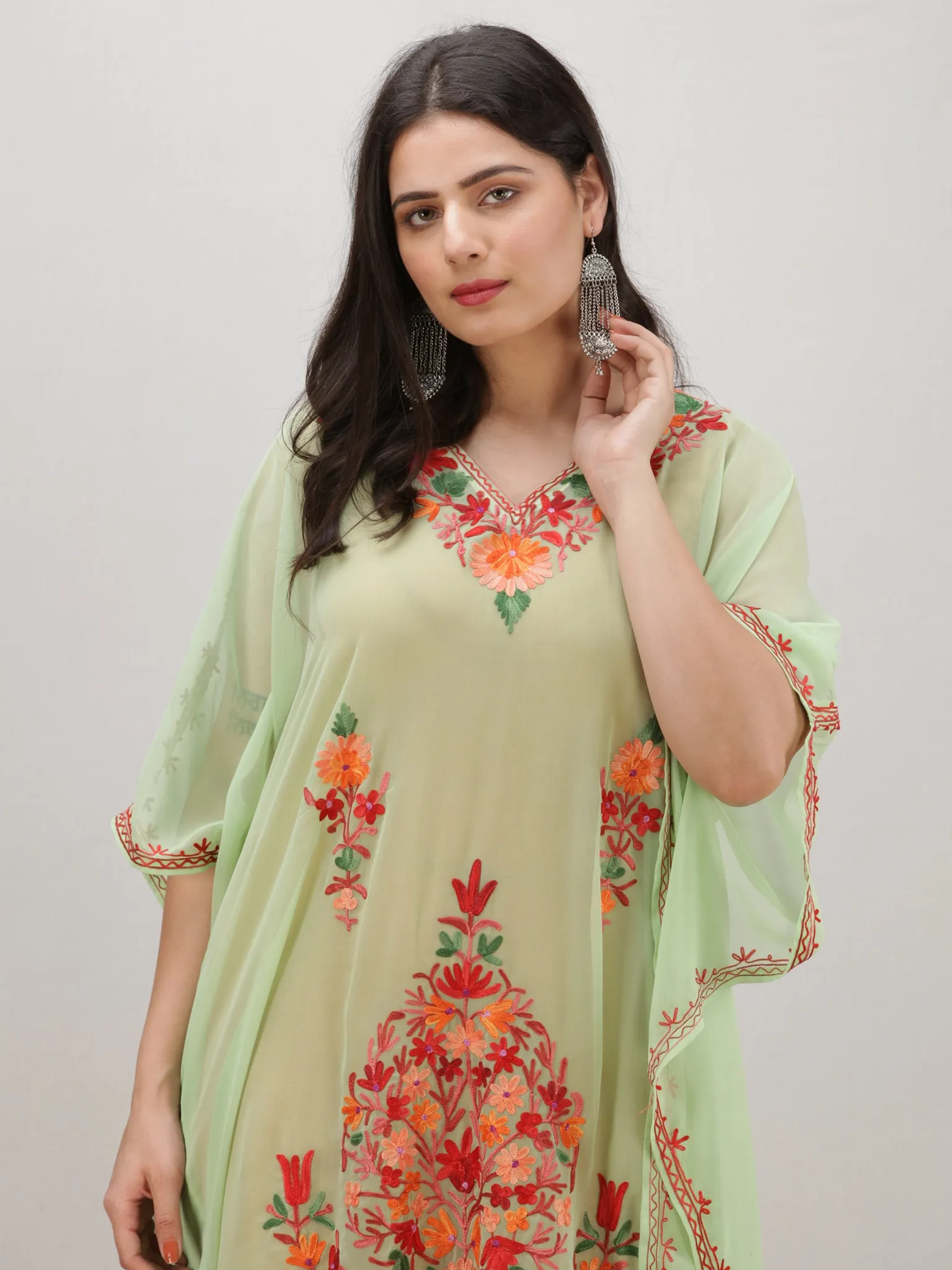 Light Green Multicolor Aari Embroidered Kashmere Free Size Georgette Kaftan  - K12K011