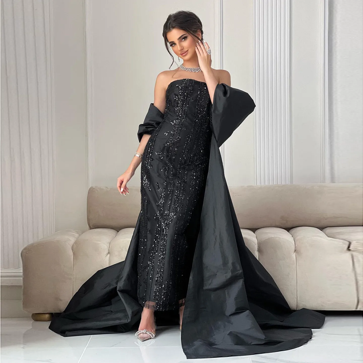 Luxury Blue Strapless Evening Dress with Cape SS454