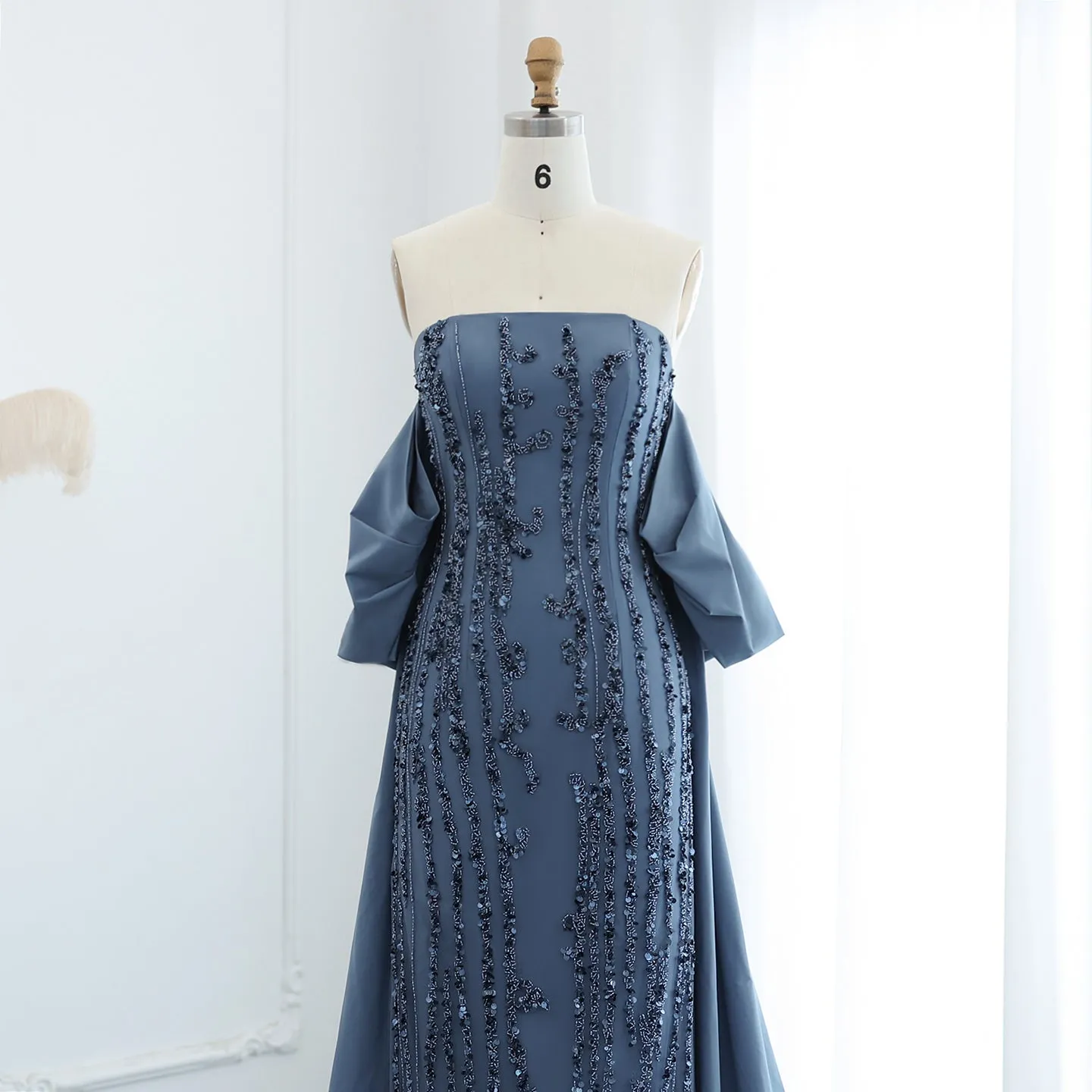 Luxury Blue Strapless Evening Dress with Cape SS454