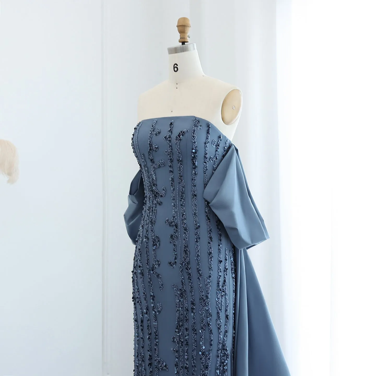 Luxury Blue Strapless Evening Dress with Cape SS454