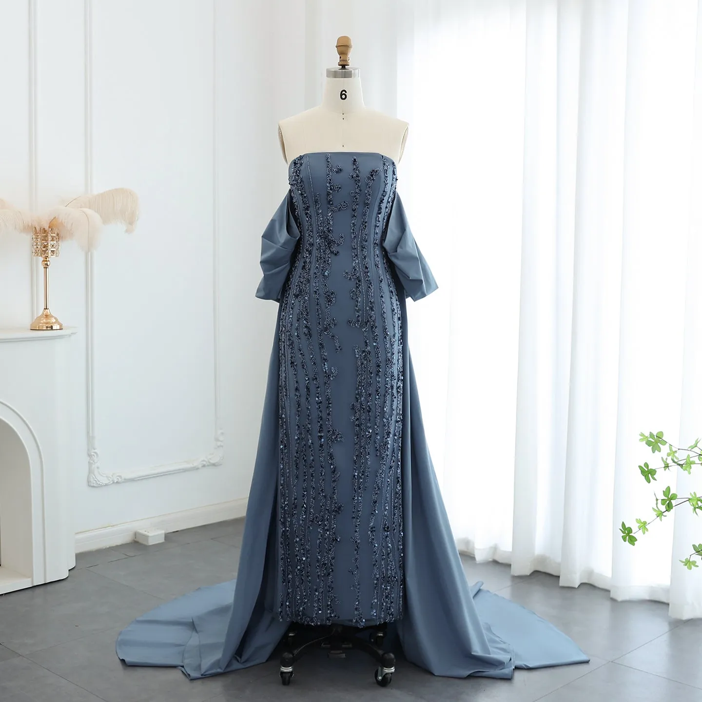 Luxury Blue Strapless Evening Dress with Cape SS454