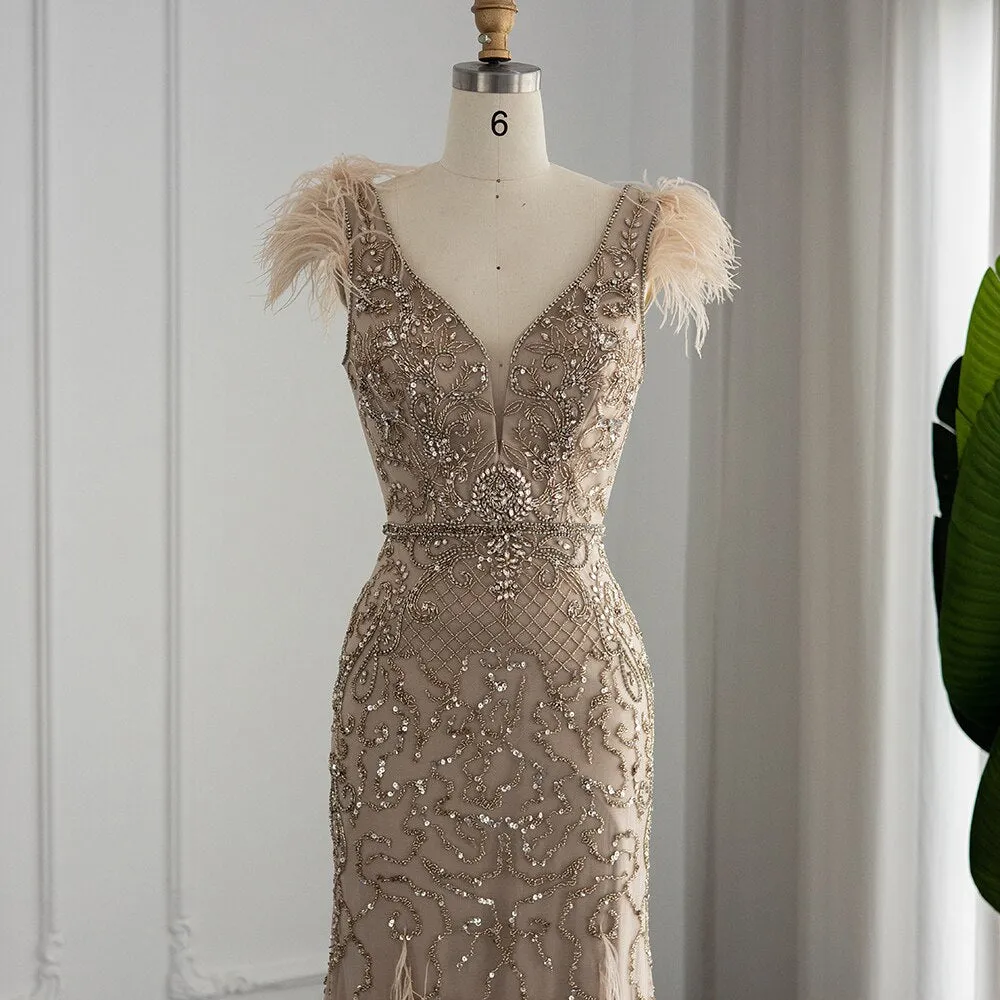 Luxury Champagne Mermaid Feathers Evening Dress SS052
