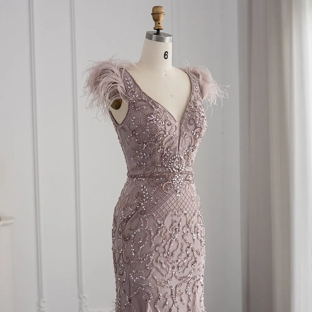 Luxury Champagne Mermaid Feathers Evening Dress SS052