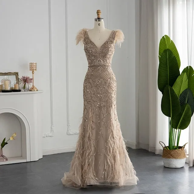 Luxury Champagne Mermaid Feathers Evening Dress SS052