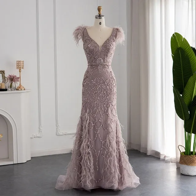 Luxury Champagne Mermaid Feathers Evening Dress SS052