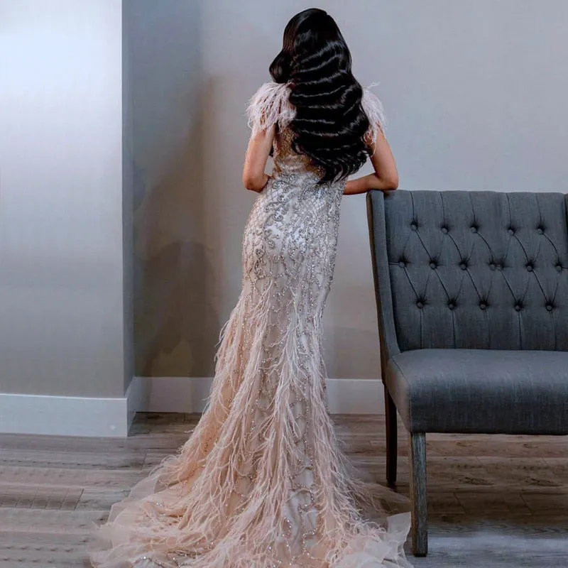 Luxury Champagne Mermaid Feathers Evening Dress SS052