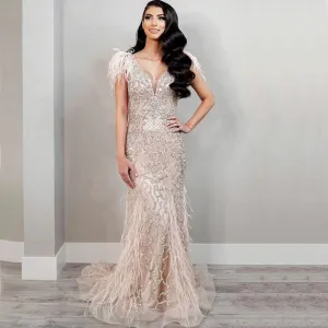Luxury Champagne Mermaid Feathers Evening Dress SS052