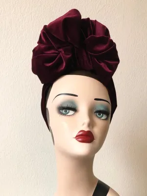 Made To Order: SCRUNCHIE KNOT Velvet Pre-tied Stretchy 1940s Style Turban (Full Coverage) Black, Claret, Bottle Green & Dusky Pink