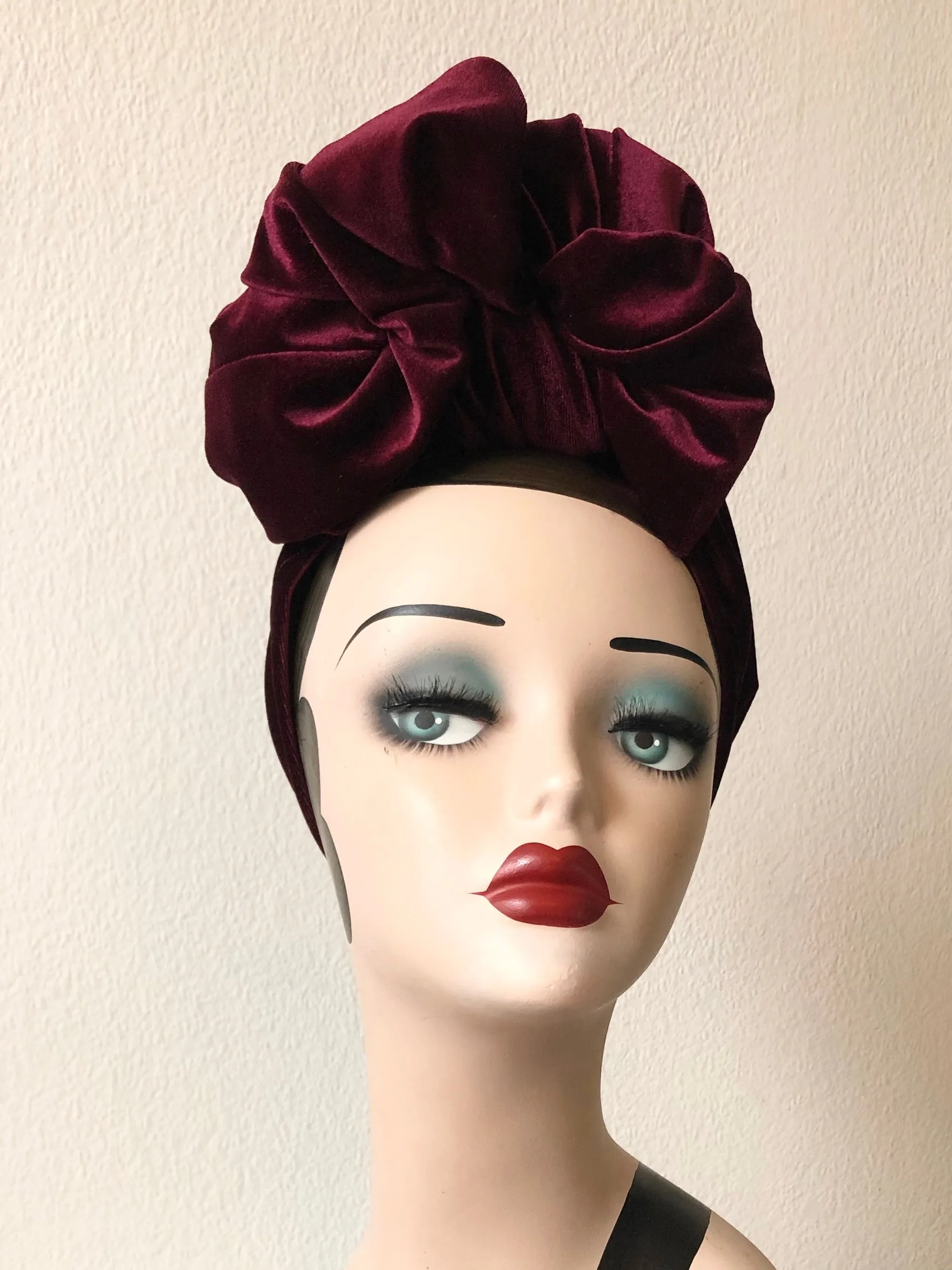 Made To Order: SCRUNCHIE KNOT Velvet Pre-tied Stretchy 1940s Style Turban (Full Coverage) Black, Claret, Bottle Green & Dusky Pink