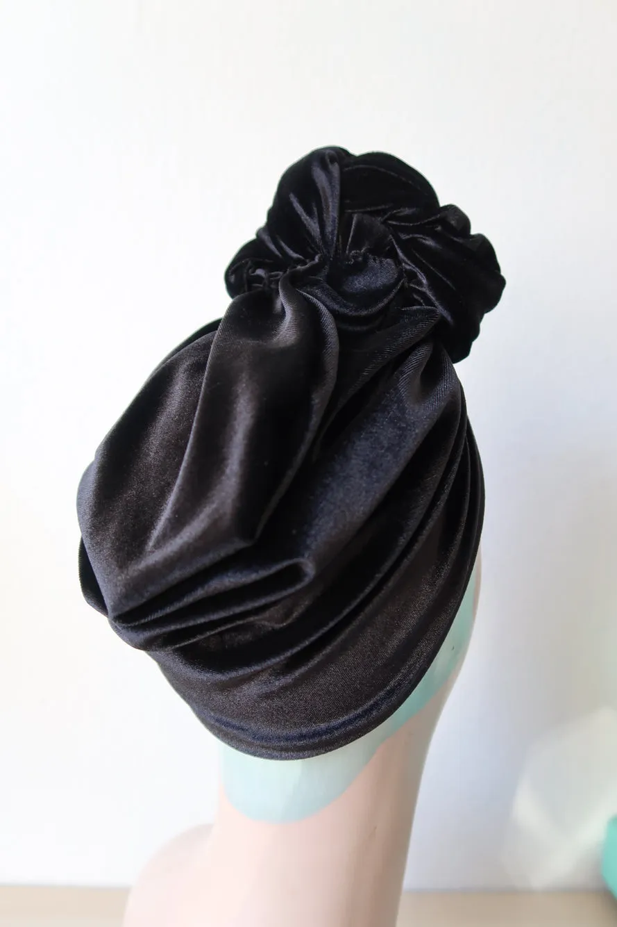 Made To Order: SCRUNCHIE KNOT Velvet Pre-tied Stretchy 1940s Style Turban (Full Coverage) Black, Claret, Bottle Green & Dusky Pink