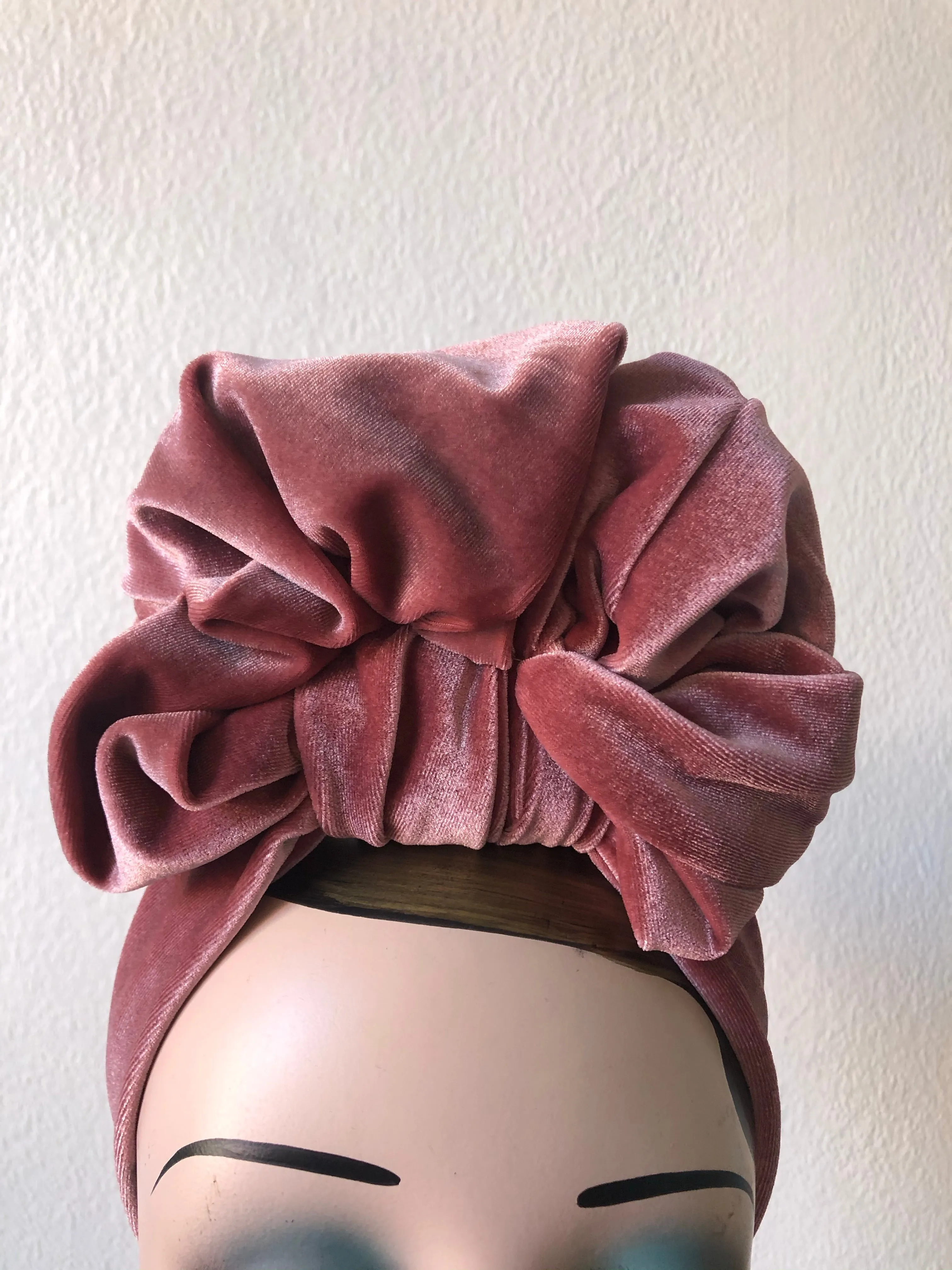 Made To Order: SCRUNCHIE KNOT Velvet Pre-tied Stretchy 1940s Style Turban (Full Coverage) Black, Claret, Bottle Green & Dusky Pink