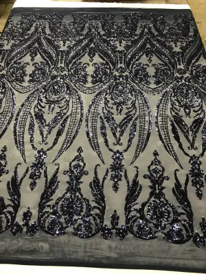 Navy blue princess design embroidery with shiny sequins on a 4 way stretch mesh-sold by the yard.