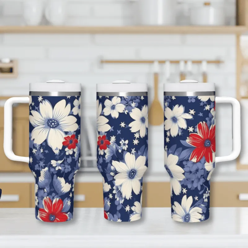 Navy Blue with Red and White Flowers 40 oz Tumbler