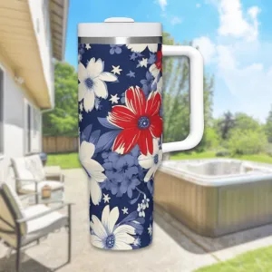 Navy Blue with Red and White Flowers 40 oz Tumbler