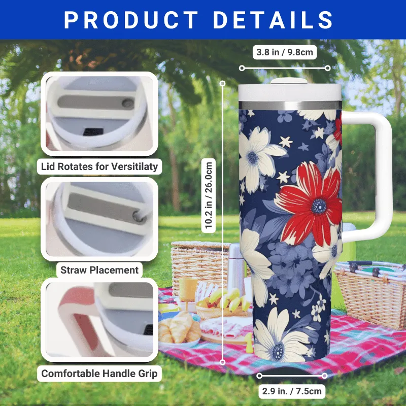 Navy Blue with Red and White Flowers 40 oz Tumbler