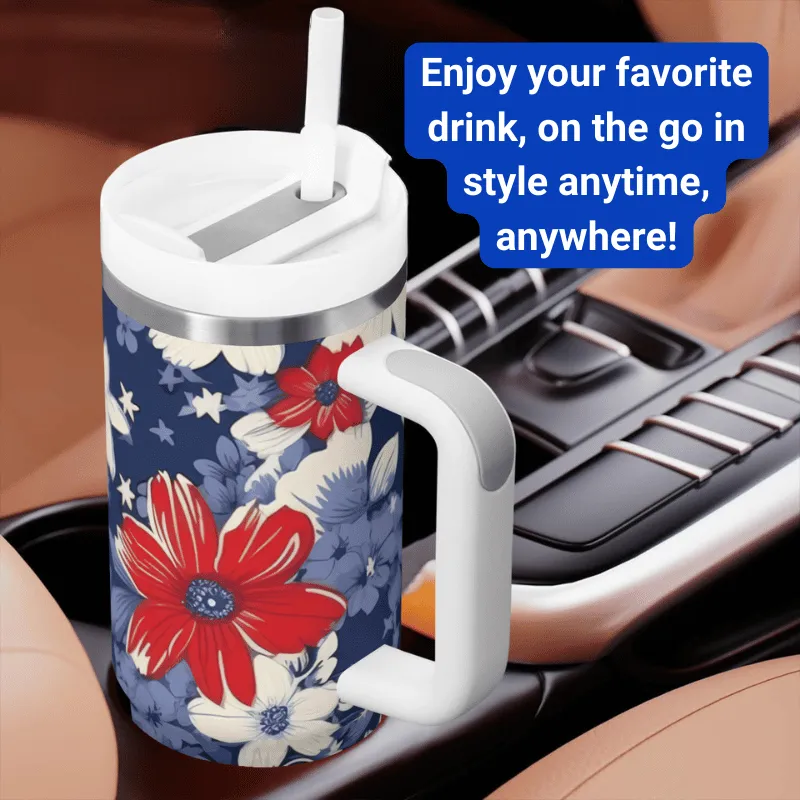 Navy Blue with Red and White Flowers 40 oz Tumbler