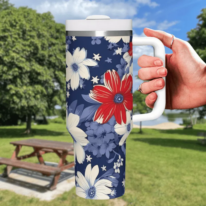 Navy Blue with Red and White Flowers 40 oz Tumbler