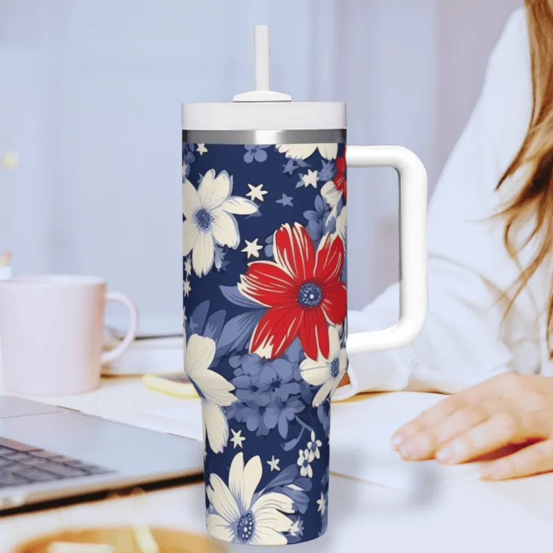 Navy Blue with Red and White Flowers 40 oz Tumbler