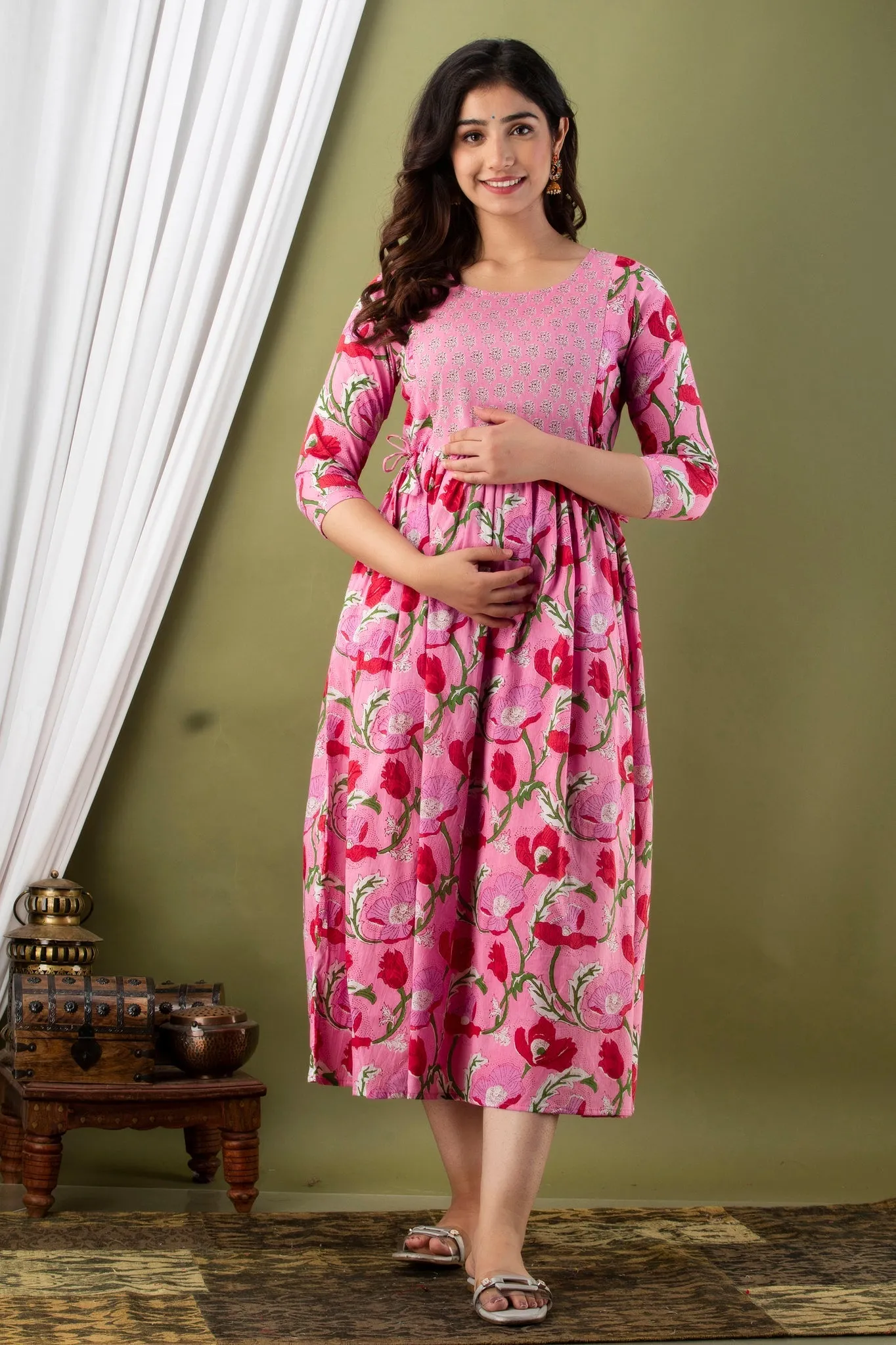 Pink & Red Print Maternity Baby Feeding Dress