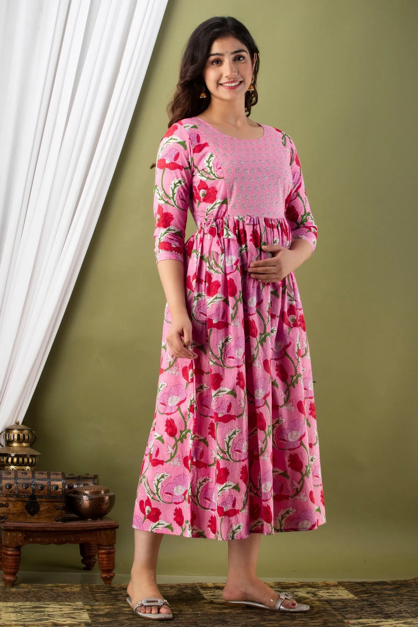 Pink & Red Print Maternity Baby Feeding Dress