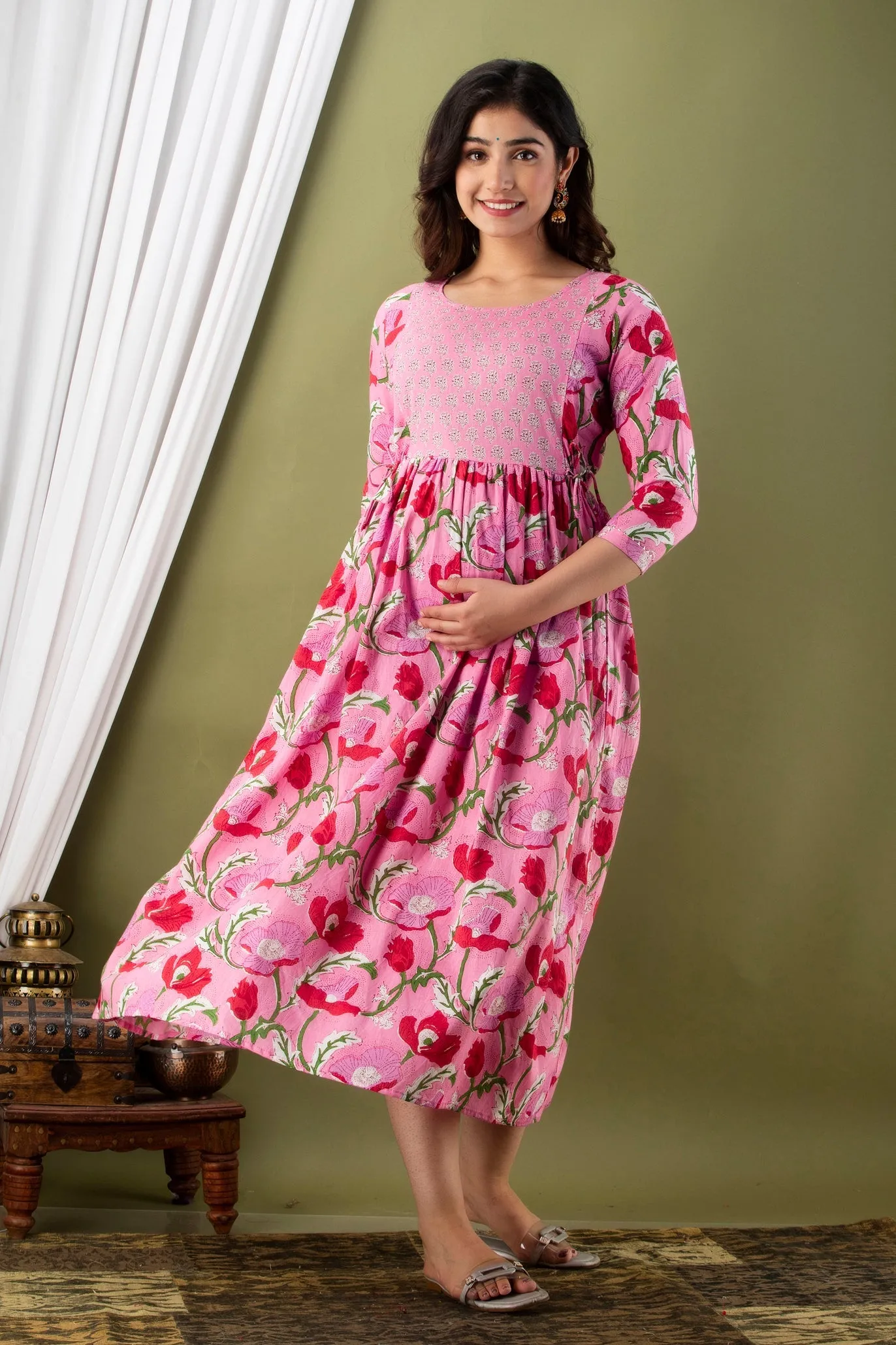 Pink & Red Print Maternity Baby Feeding Dress