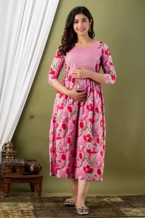 Pink & Red Print Maternity Baby Feeding Dress