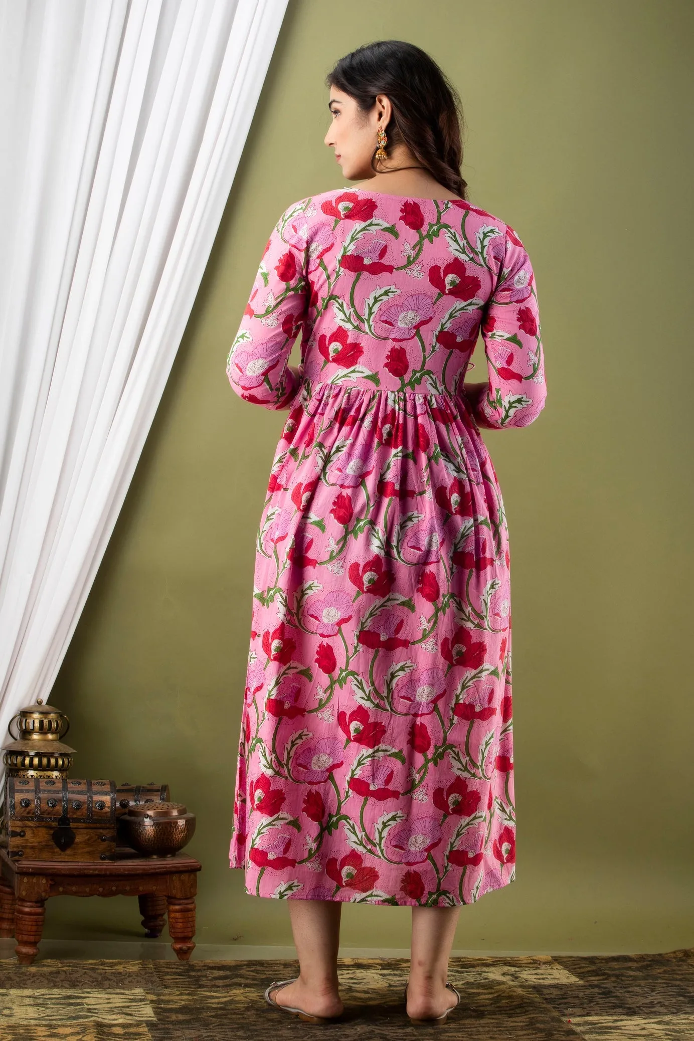 Pink & Red Print Maternity Baby Feeding Dress