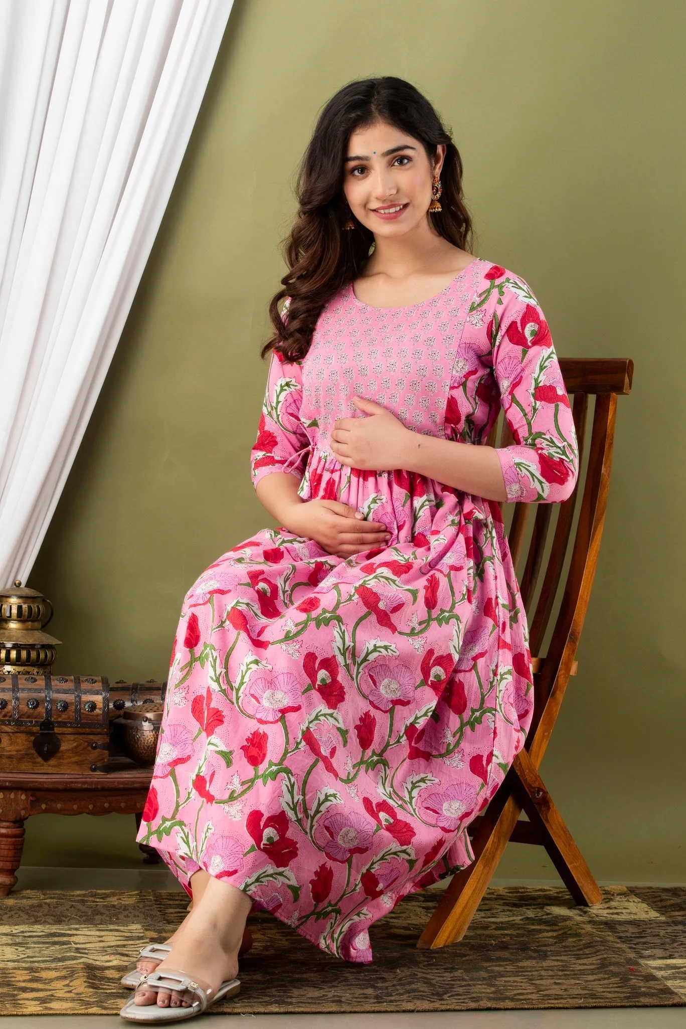 Pink & Red Print Maternity Baby Feeding Dress