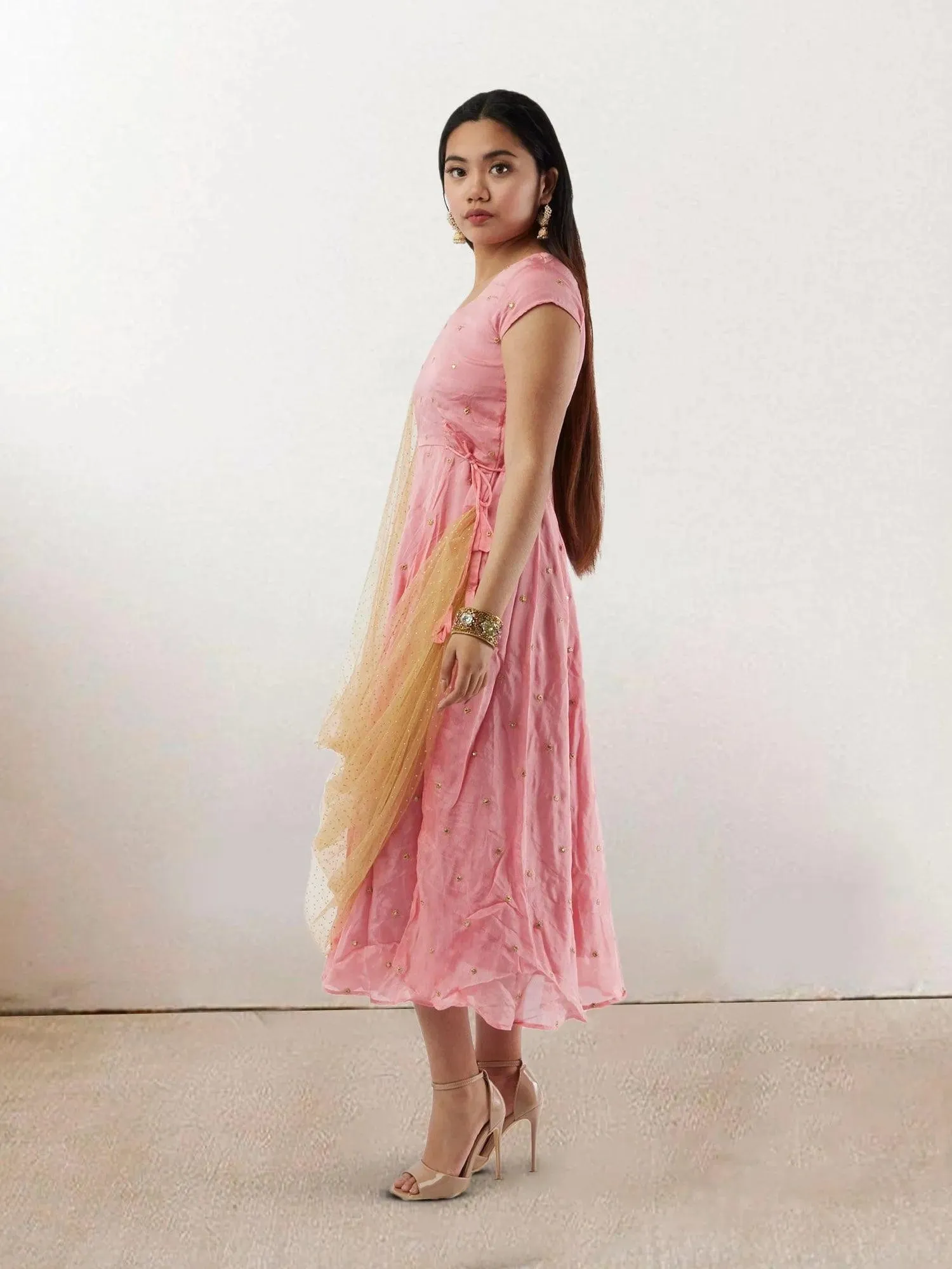 Pink Banarasi Georgette Dress with Gold Net Duppatta | Indo-Western Dress