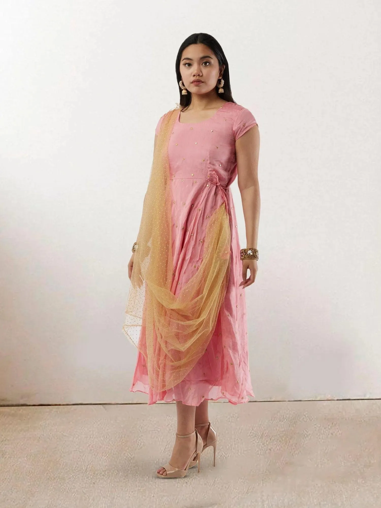 Pink Banarasi Georgette Dress with Gold Net Duppatta | Indo-Western Dress