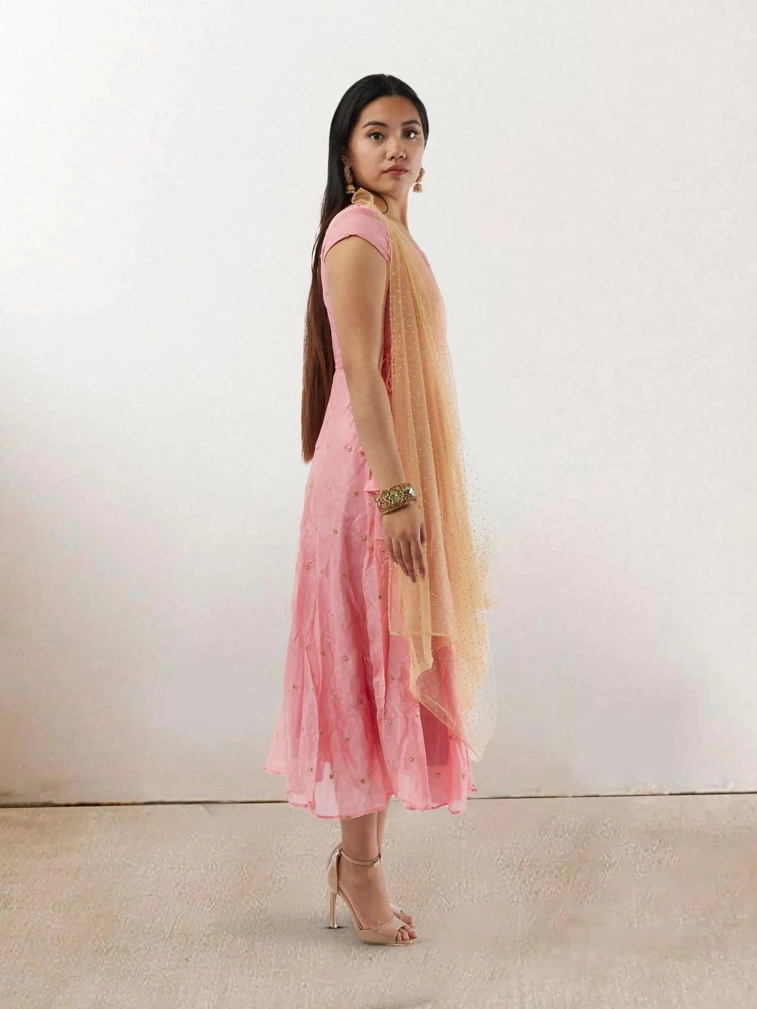 Pink Banarasi Georgette Dress with Gold Net Duppatta | Indo-Western Dress