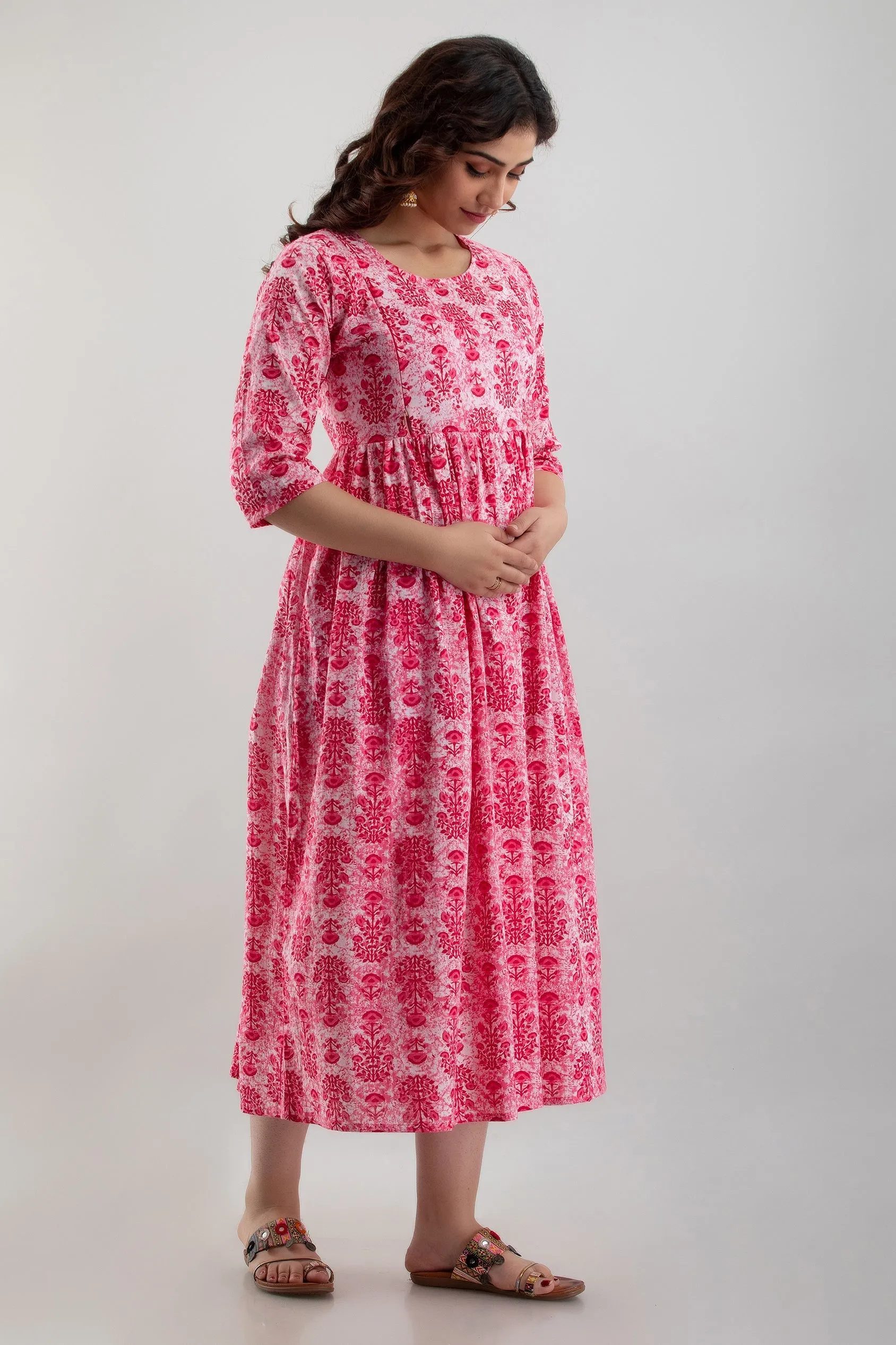Pink Cotton Maternity Baby Feeding Dress