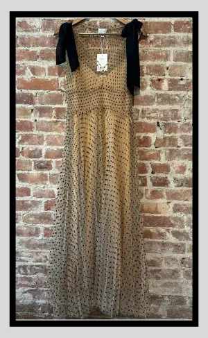 Polka Dot Mesh Overlay Dress with Bow Tie Straps – Nude Black