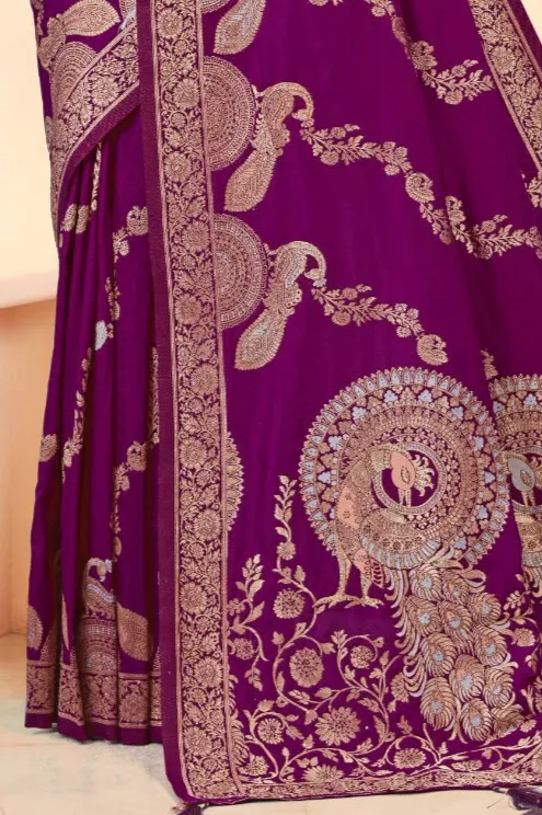 Premium Wine Peacock Print Silk Saree