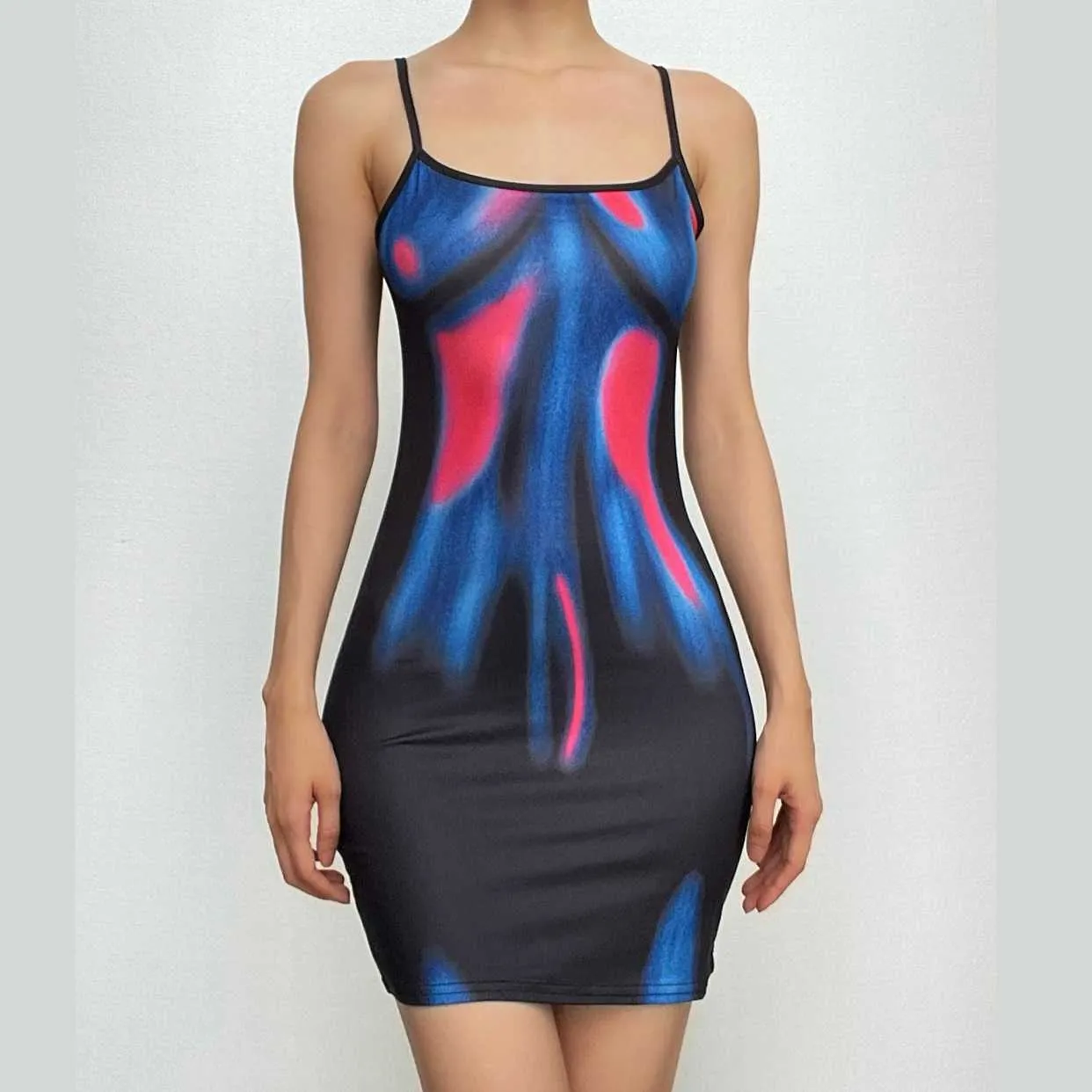 Print contrast u neck backless cami mini dress