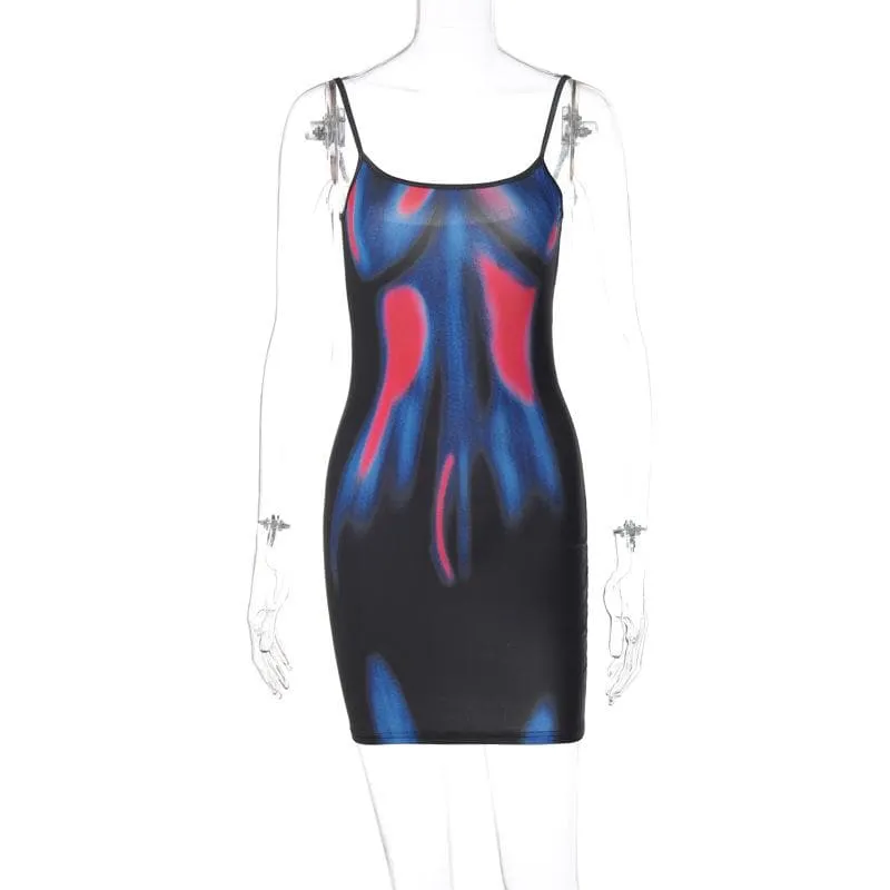 Print contrast u neck backless cami mini dress