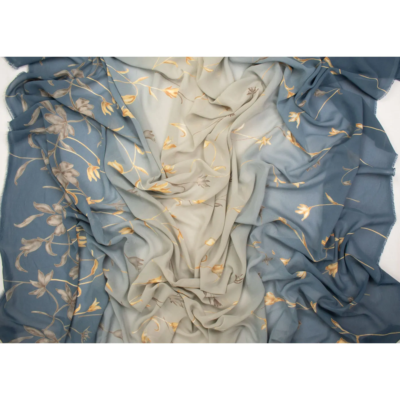 Printed Chiffon Design-10 Gold Vines on Blue Silver Shaded