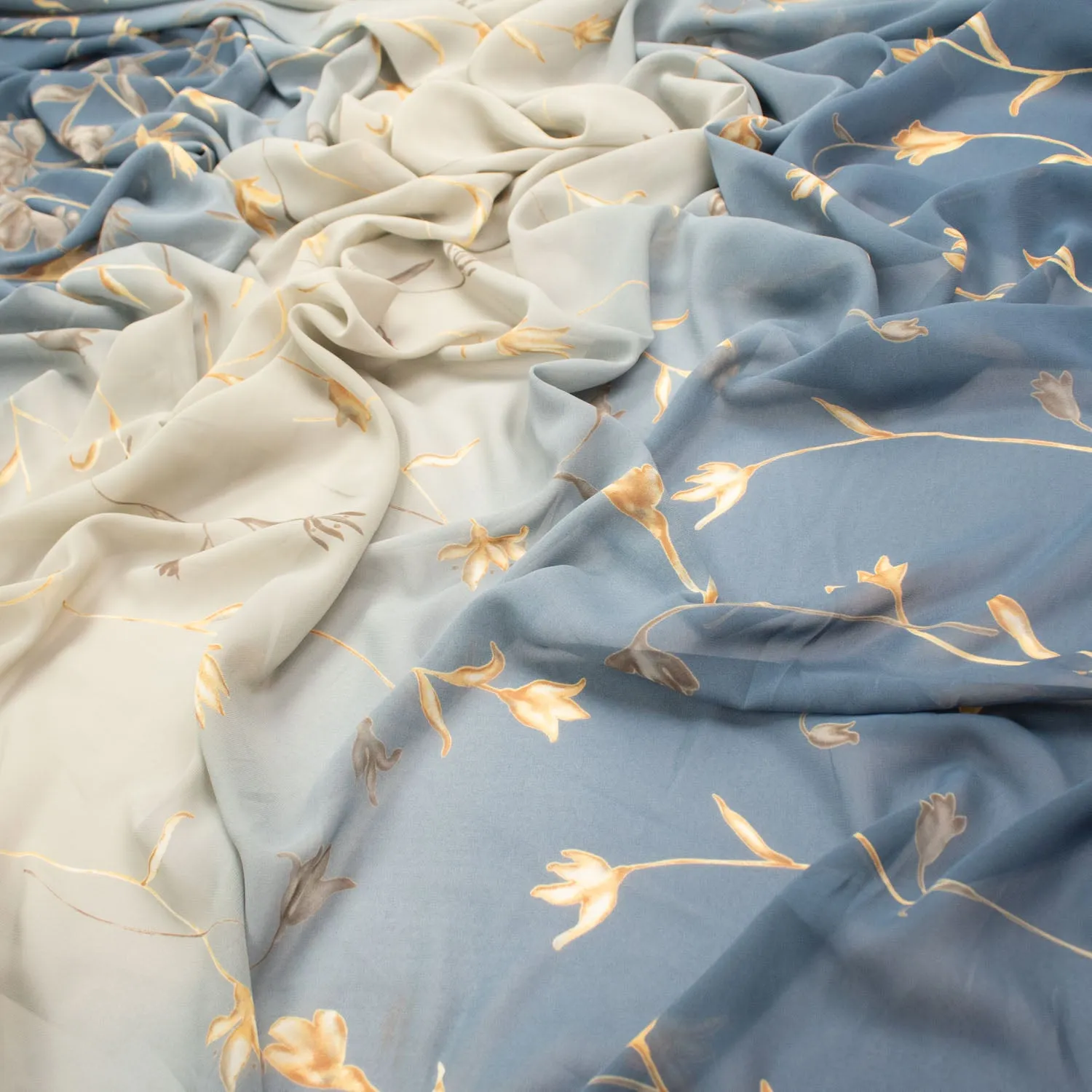 Printed Chiffon Design-10 Gold Vines on Blue Silver Shaded