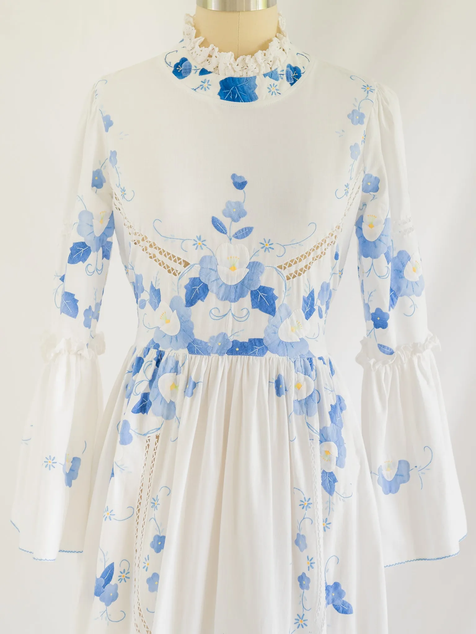 Re-design Upcycled Ruffle Neck Blue Floral Embroidery Maxi Dress