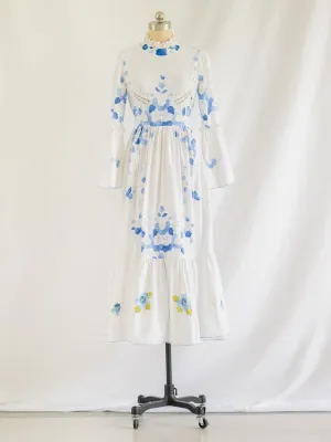 Re-design Upcycled Ruffle Neck Blue Floral Embroidery Maxi Dress