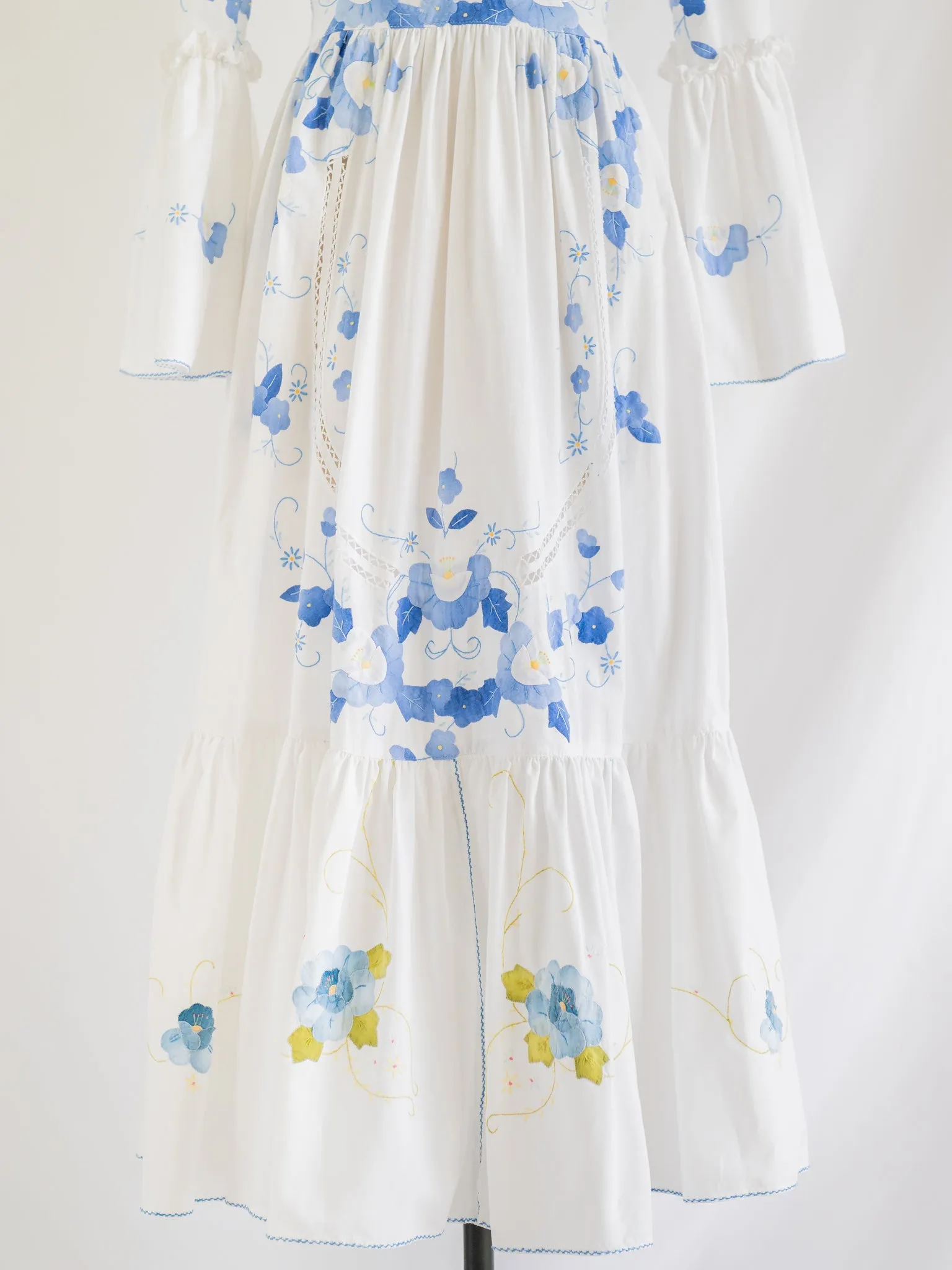 Re-design Upcycled Ruffle Neck Blue Floral Embroidery Maxi Dress