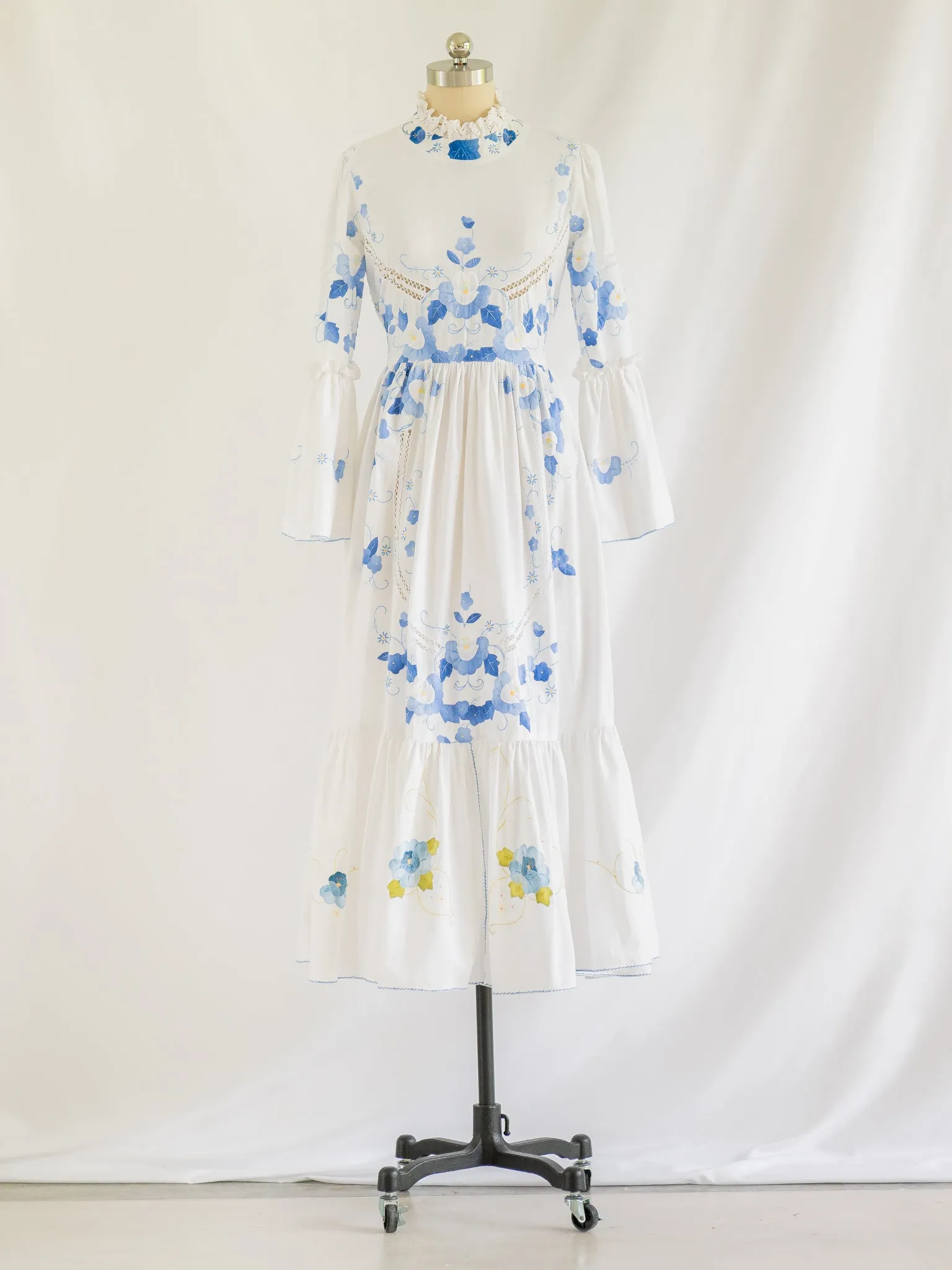Re-design Upcycled Ruffle Neck Blue Floral Embroidery Maxi Dress