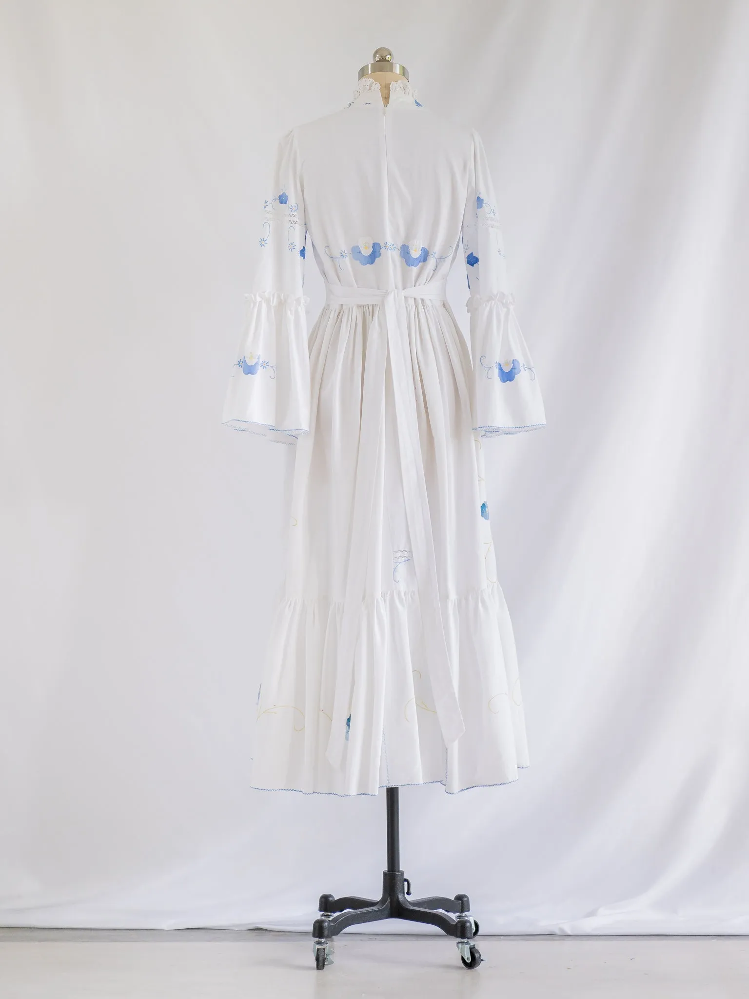 Re-design Upcycled Ruffle Neck Blue Floral Embroidery Maxi Dress
