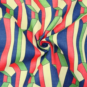 Red-Blue-Beige 3D Geometric Pattern Printed Linen Woven Fabric