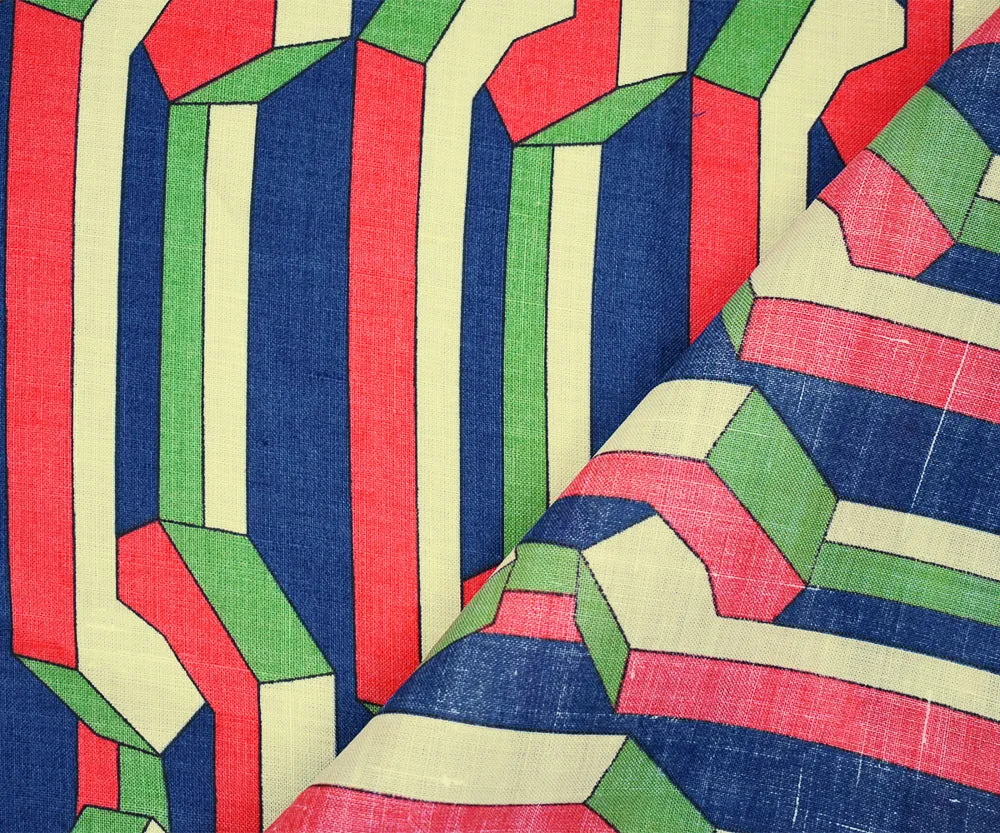 Red-Blue-Beige 3D Geometric Pattern Printed Linen Woven Fabric