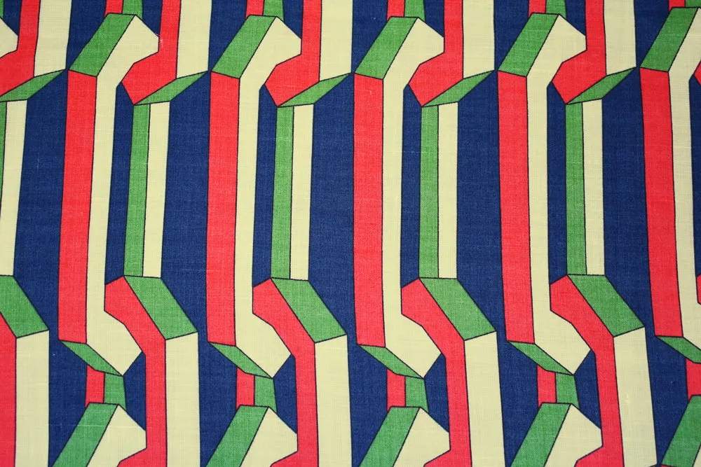 Red-Blue-Beige 3D Geometric Pattern Printed Linen Woven Fabric