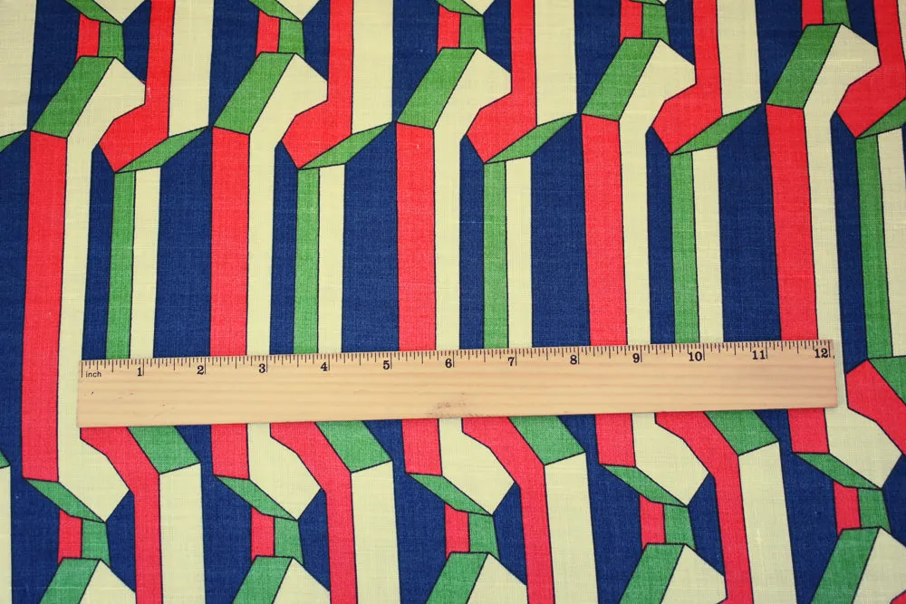 Red-Blue-Beige 3D Geometric Pattern Printed Linen Woven Fabric