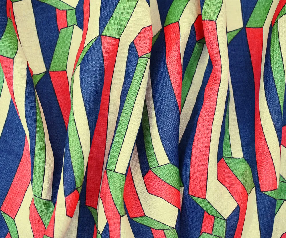 Red-Blue-Beige 3D Geometric Pattern Printed Linen Woven Fabric