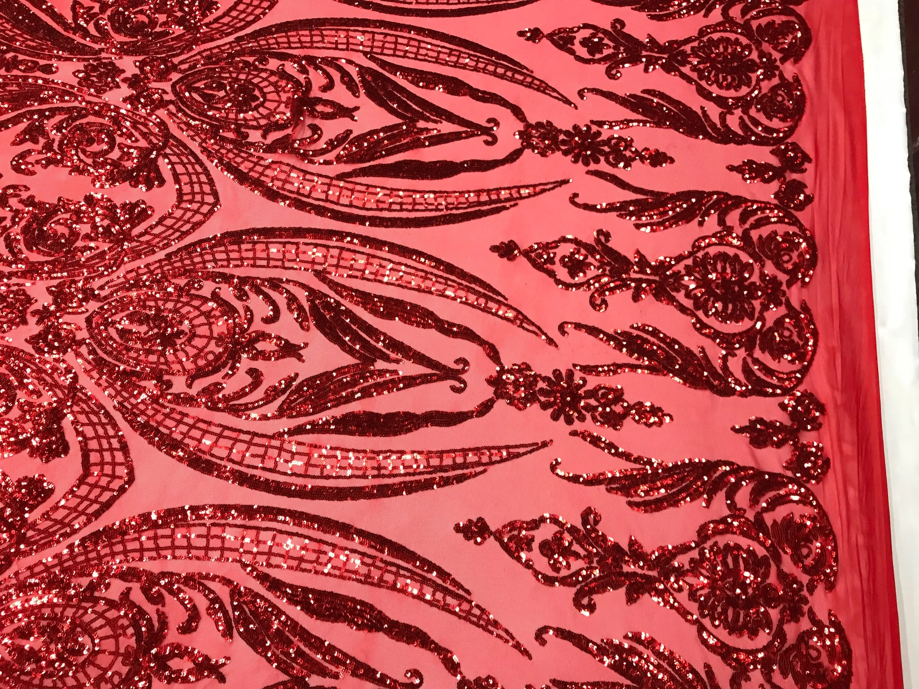 Red princess design embroidery with sequins on a 4 way Stretch Mesh-dresses-fashion-prom-nightgown-sold by the yard.