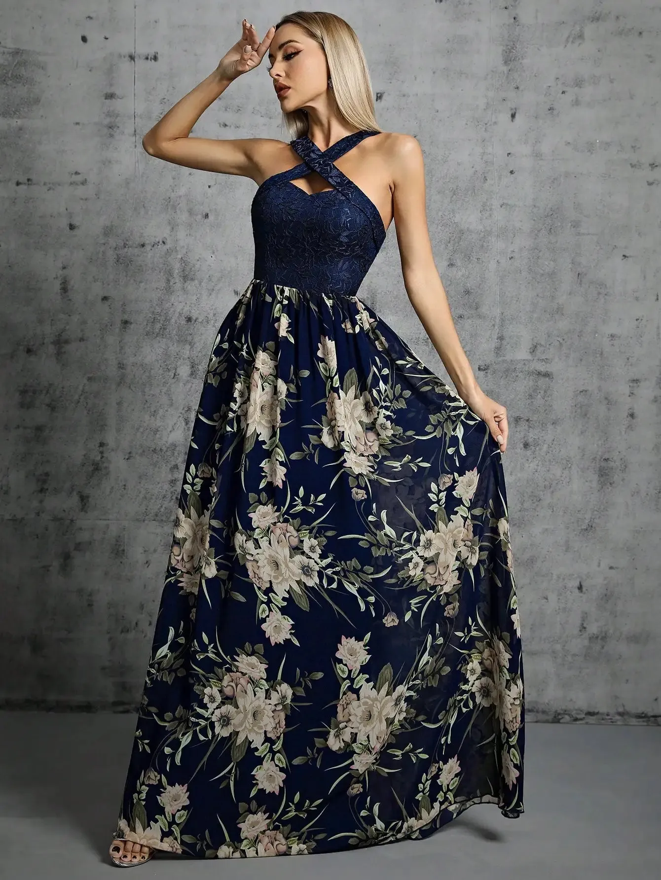 Romantic Navy Floral Maxi Dress for Boho Bridesmaids